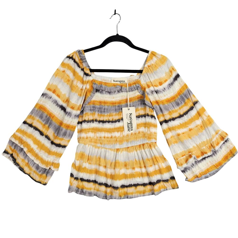 SAVANNA JANE Orange Striped Bohemian Artsy Lightweight Smocked Top SIZE SMALL